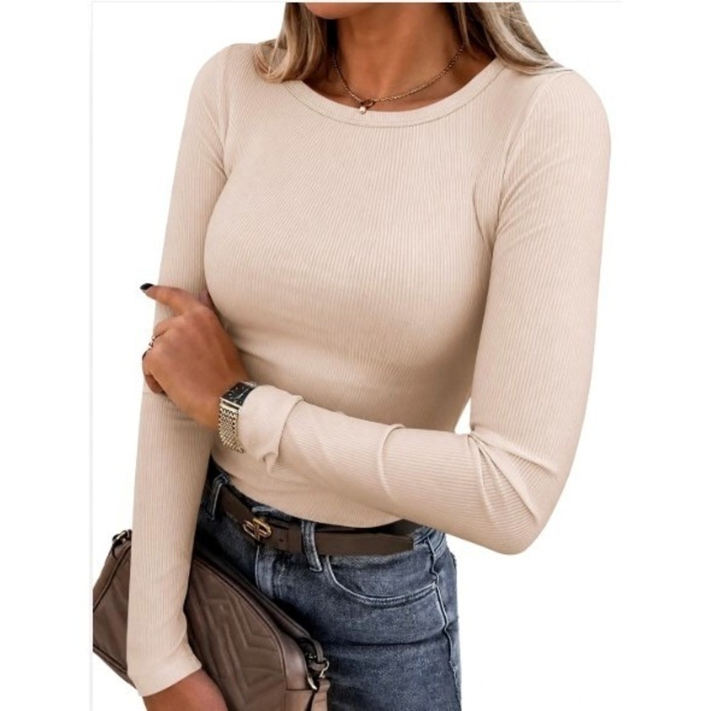 NWT ANRABESS Beige Ribbed Knit Long Sleeve Scoop Neck Slim Fit Basic Tee XXL - Picture 1 of 9